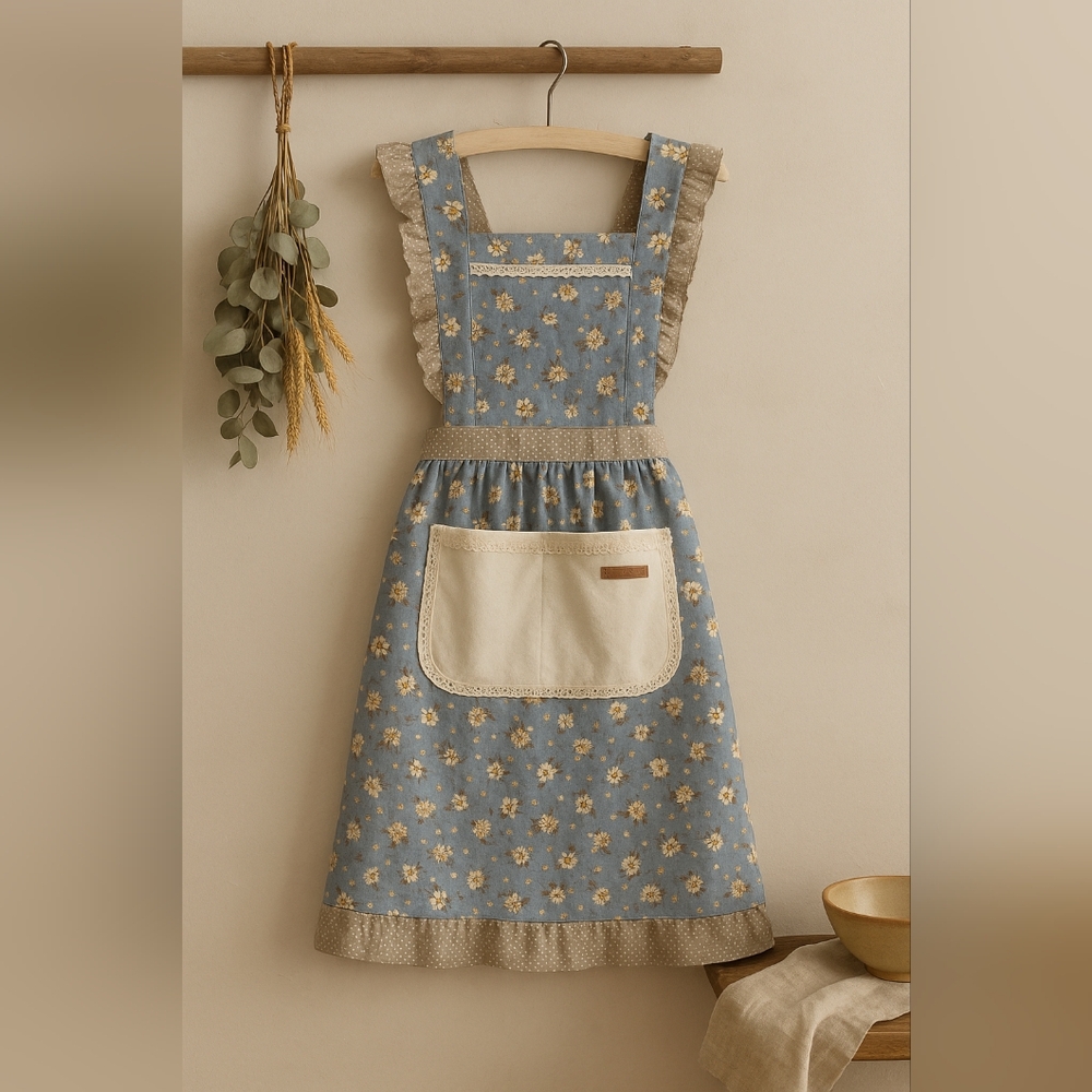 Floral Blue Apron with Cream Accents